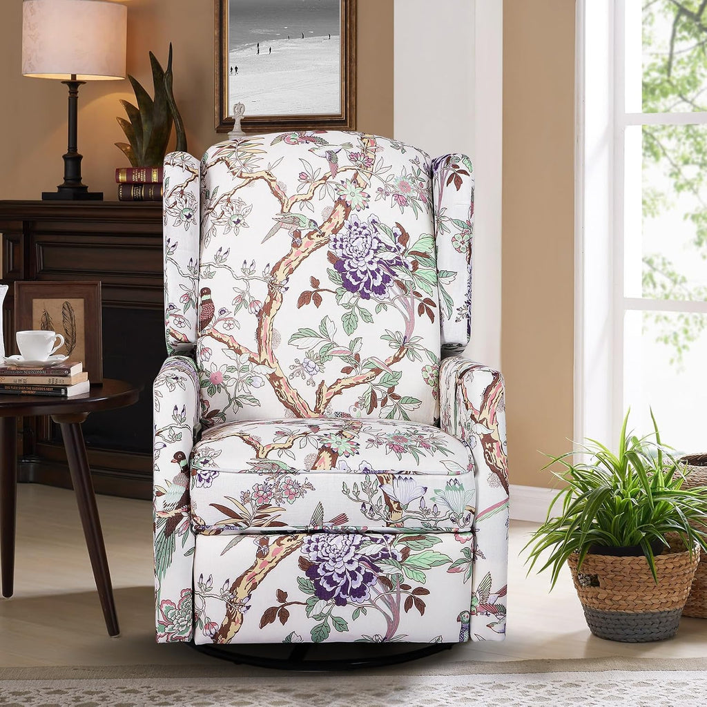 Swivel Rocker Recliner Chair, Glider Rocking Chair for Nursery, Floral Wingback Chair Recliner on Clearance, 360° Swivel Rocking Recliner Chair with Padded Seat for Living Room