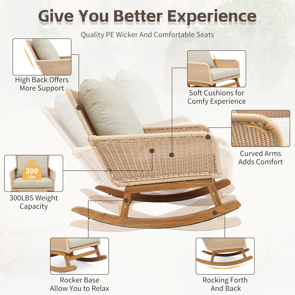 Christopher Knight Home Nadine Patio Rocking Chairs Set of 2, Wicker Rocker, Wood Rocking Chair, PE Rattan Wick Chair, Rocking Chair with Cushions, Comfort Wicker Rocker for Backyard Balcony, Beige