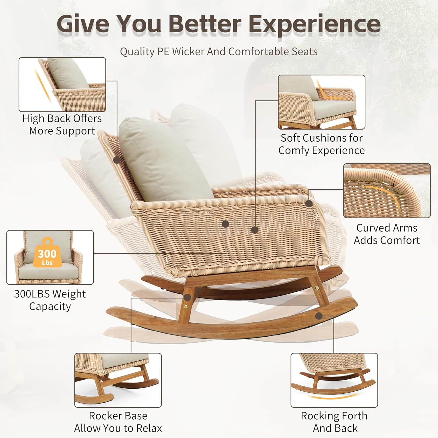 Christopher Knight Home Nadine Patio Rocking Chairs Set of 2, Wicker Rocker, Wood Rocking Chair, PE Rattan Wick Chair, Rocking Chair with Cushions, Comfort Wicker Rocker for Backyard Balcony, Beige