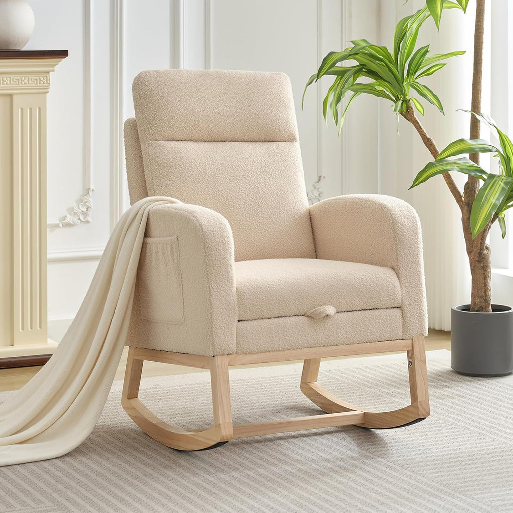 Teddy Fabric Nursery Rocking Chair with Adjustable Footrest, Two Side Pockets & Solid Wooden Legs - High Backrest Comfortable Lounge Armchair for Nursery, Living Room, Bedroom（Beige）