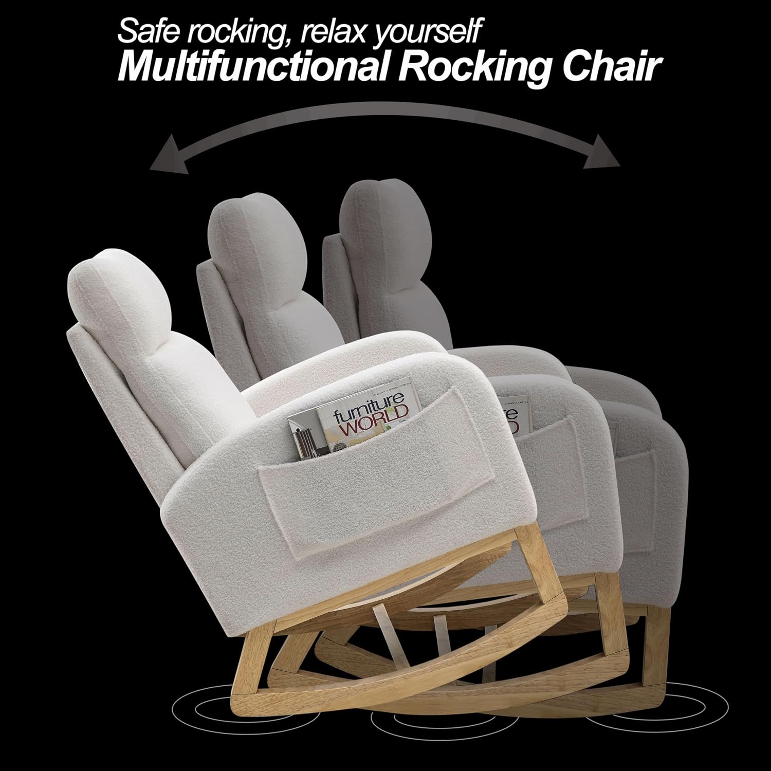 Nursery Rocking Chair Teddy Upholstered Accent Rocker Chair with High Backrest, Soft Rocker Glider Solid Rubber Wood Leg for Bedroom Living Room Nursing Room, Two Side Pocket, White Classic