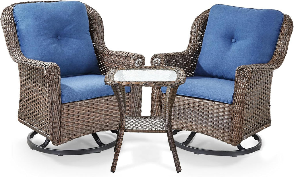 3 Piece Patio Swivel Chairs and Side Table Set - High Back Outdoor Brown Wicker Rattan Rocking Glider with Thick Cushions for Porch Apartment Deck Yard Poolside Garden - Navy Blue