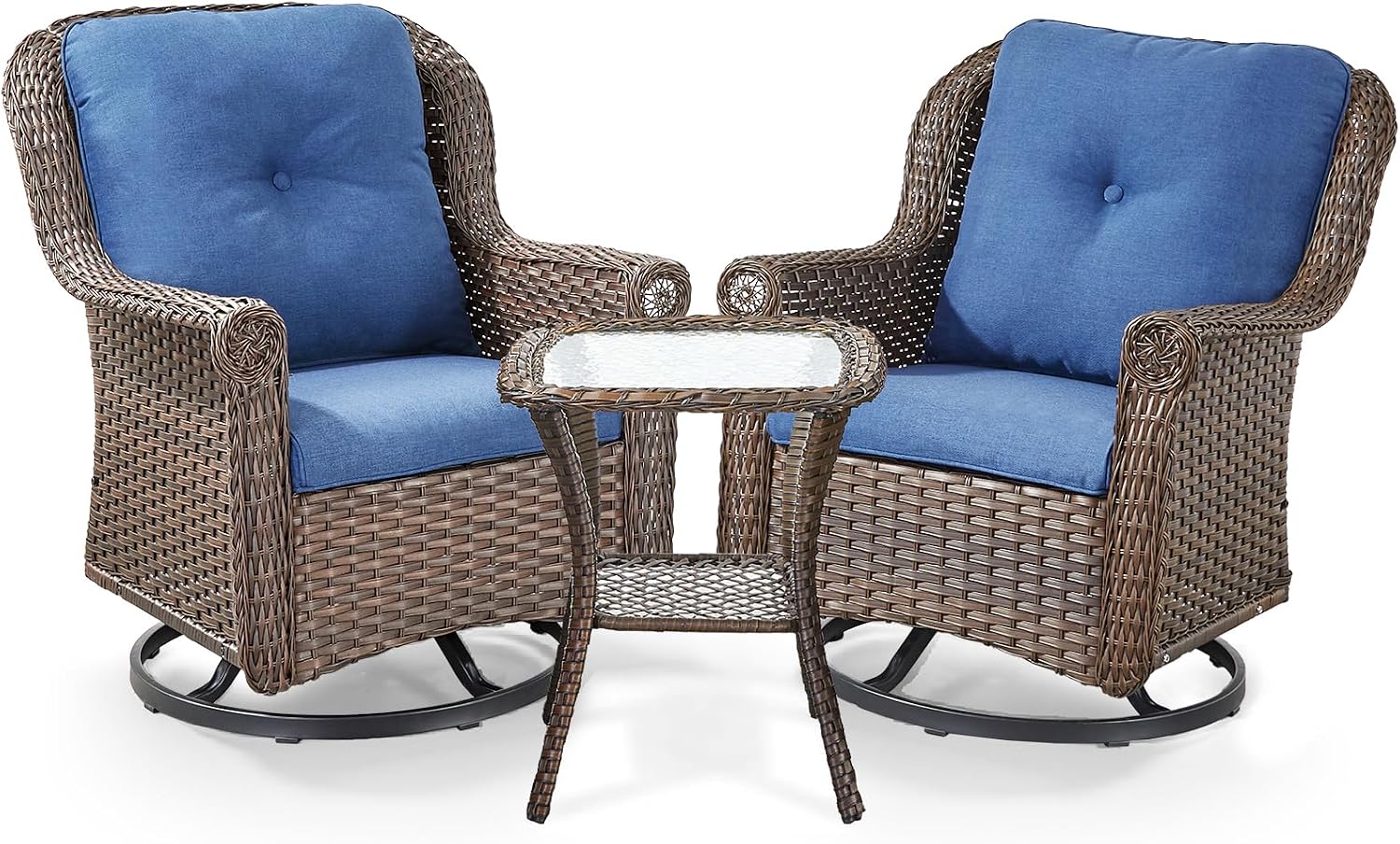 3 Piece Patio Swivel Chairs and Side Table Set - High Back Outdoor Brown Wicker Rattan Rocking Glider with Thick Cushions for Porch Apartment Deck Yard Poolside Garden - Navy Blue
