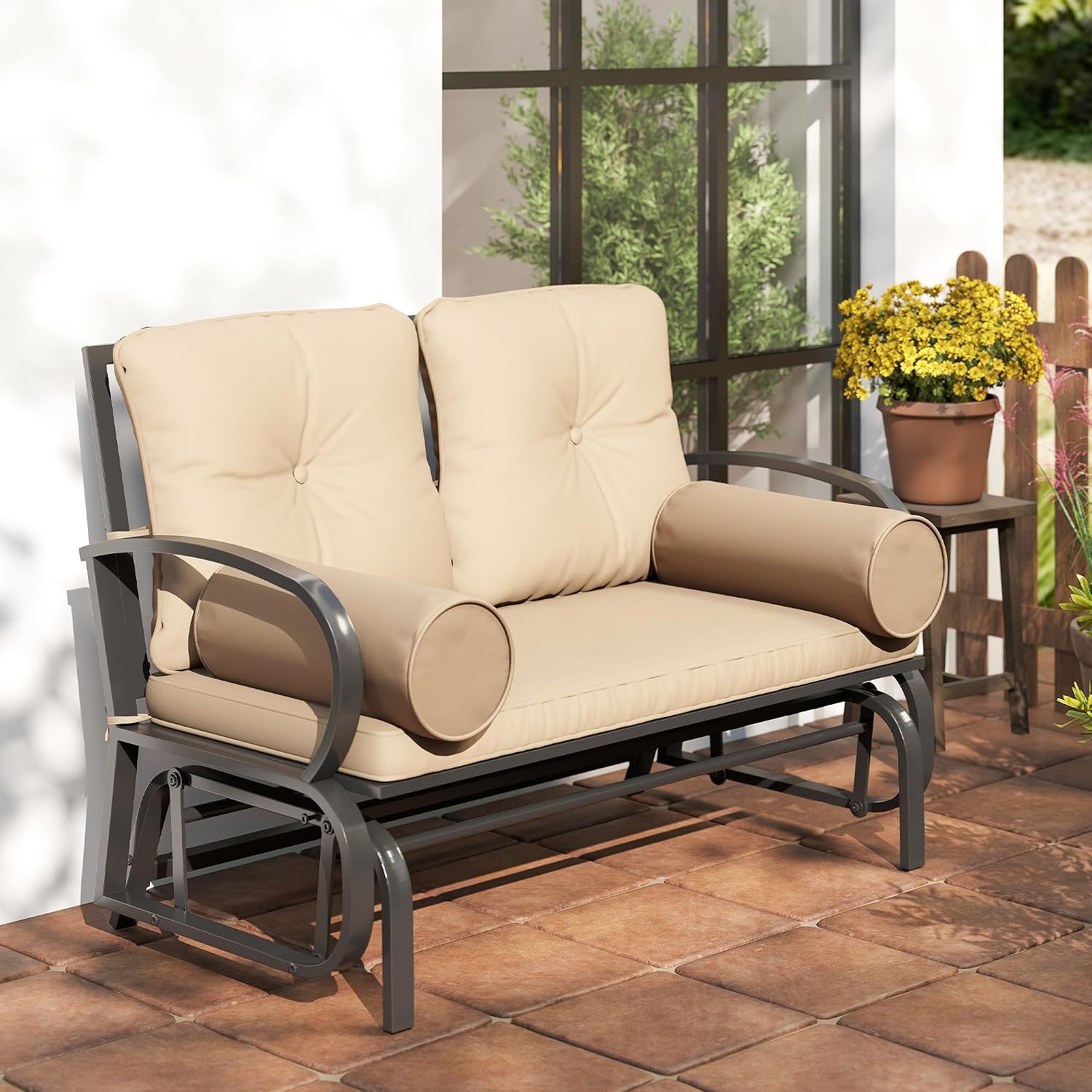 Outsunny Swing Glider Rocking Chair, Double Patio Bench, 2 Person Loveseat with Steel Frame, Cushions, Pillow Armrests, Khaki