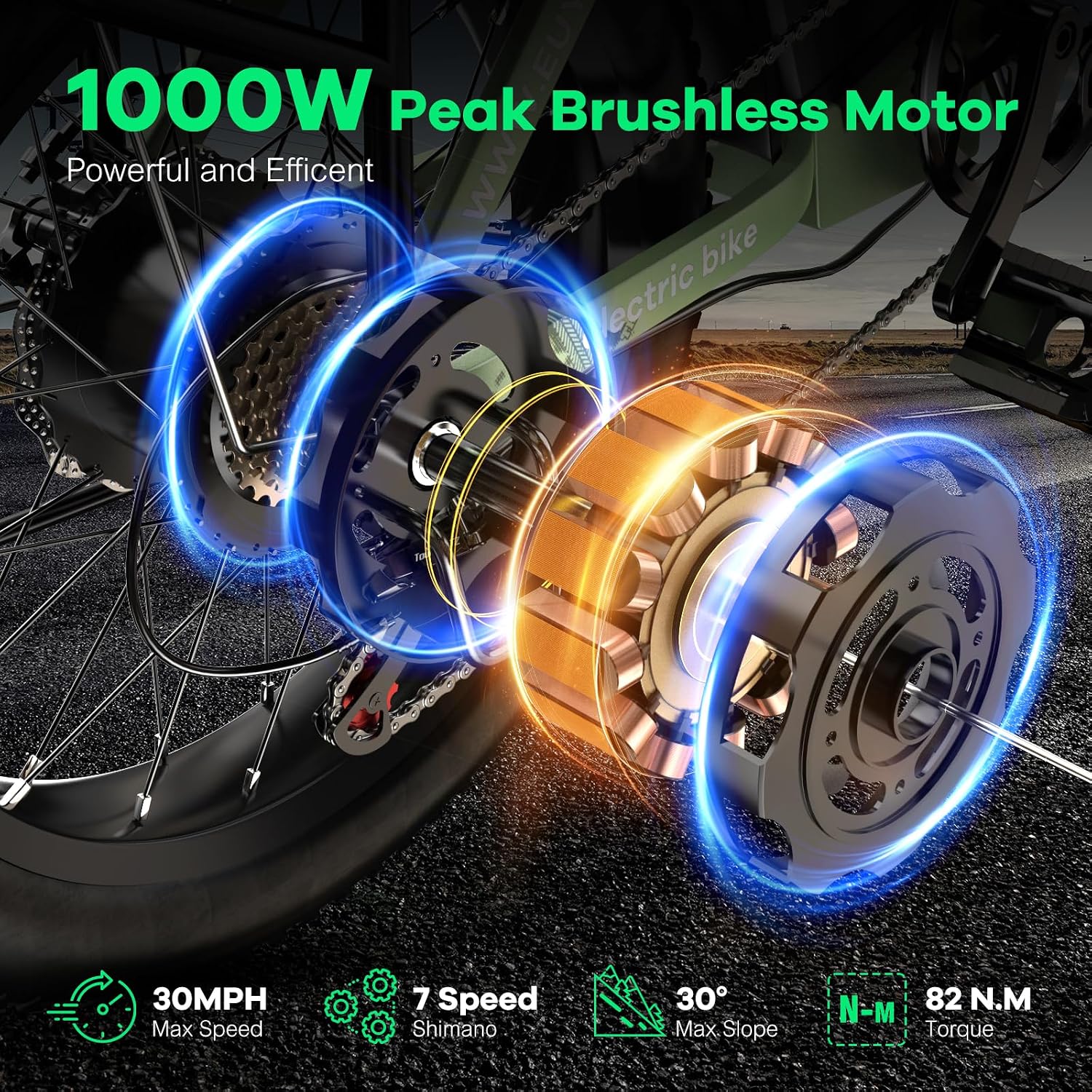 Foldable Electric Bike for Adults, 30+MPH, 48V 20Ah Removable Battery up to 80Miles, 20' Fat Tire 1000W Peak Dirt Ebike Adult Electric Bicycle for Commute Beach Mountain Flat Tube E Bike Green