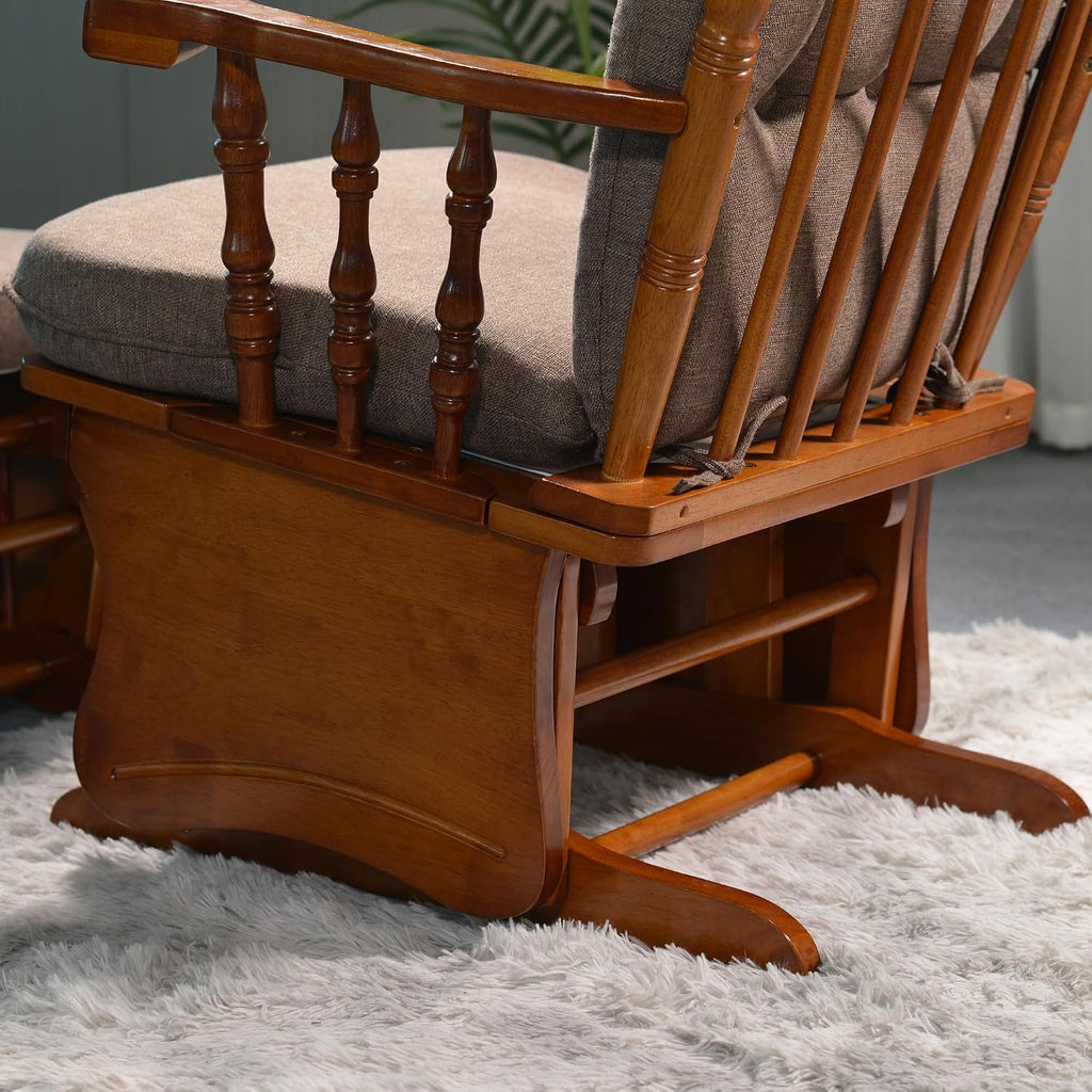 Solid Wood Glider Rocking Chair and Ottoman Set, Rustic Nursery Glider Rocker with Padded Cushion, Smooth Rocking Motion Indoor Living Room Nursing Napping Reading, Coffee Brown