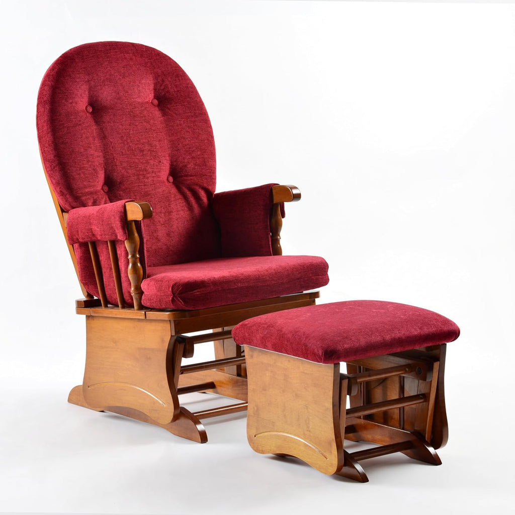 Glider Rocking Chair with Ottoman Set, Solid Rubberwood Nursery Swivel Glider, High Back Upholstered with Thick Padded Cushion, 280LBS Capacity, for Living Room, Nursing, Reading, Red