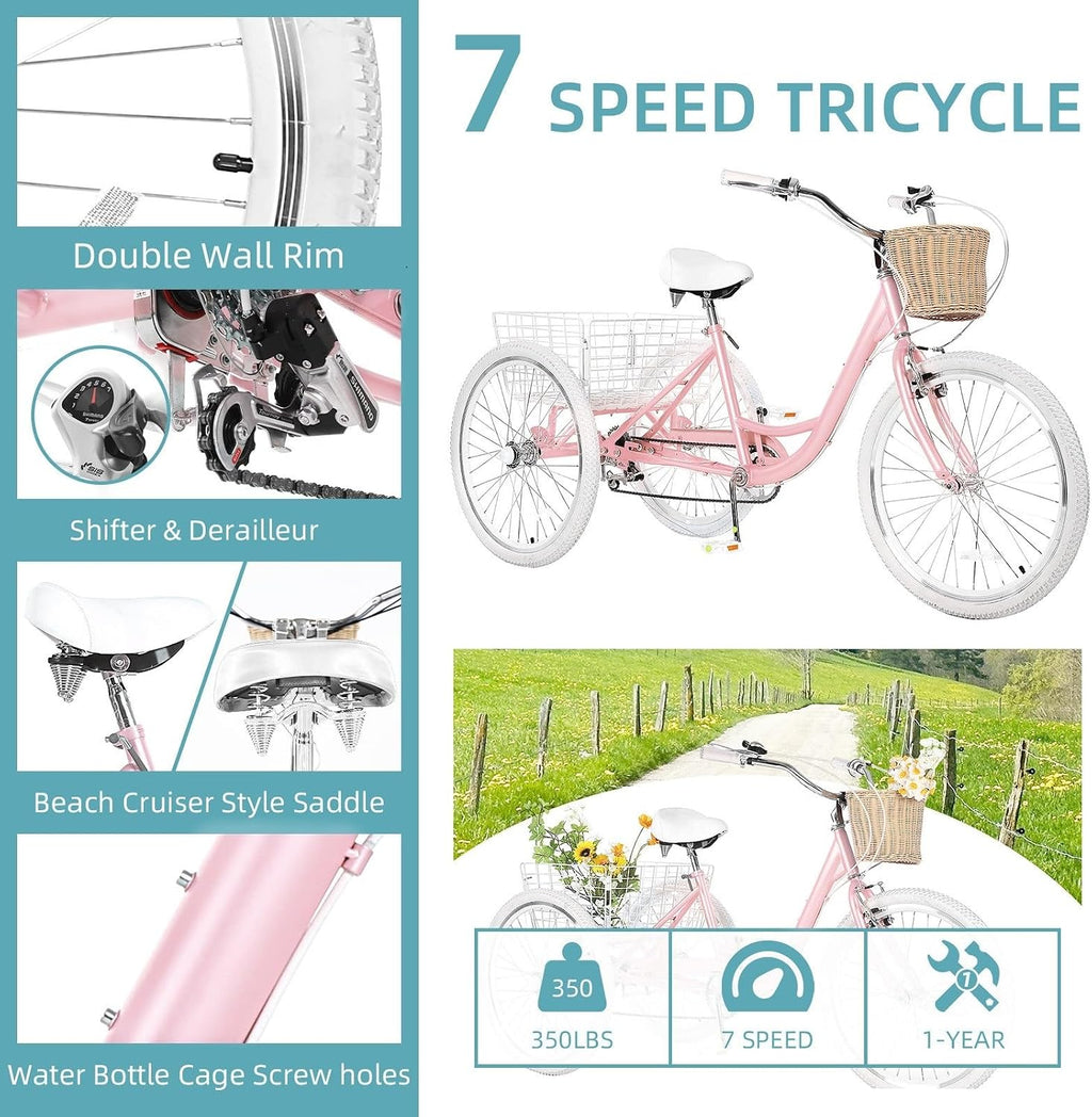 Adult Tricycles for Adults, 7 Speed Adult Trikes, 20/24/26 inch 3 Wheel Bike with Basket, Three-Wheeled Cruiser Bicycles for Women and Men, Without Fenders