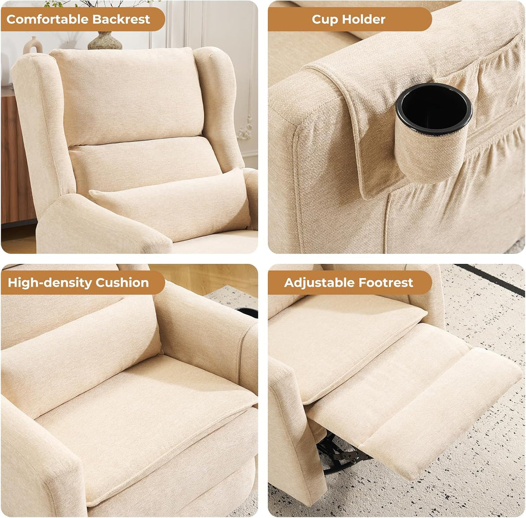 Large Glider Rocker Recliner,Rocking Chair Nursery with Adjustable Headrest,Swivel Rocker Recliner with Lumbar Support,Manual Nursery Rocker Recliner for Living Room& Bedroom,Chenille Beige