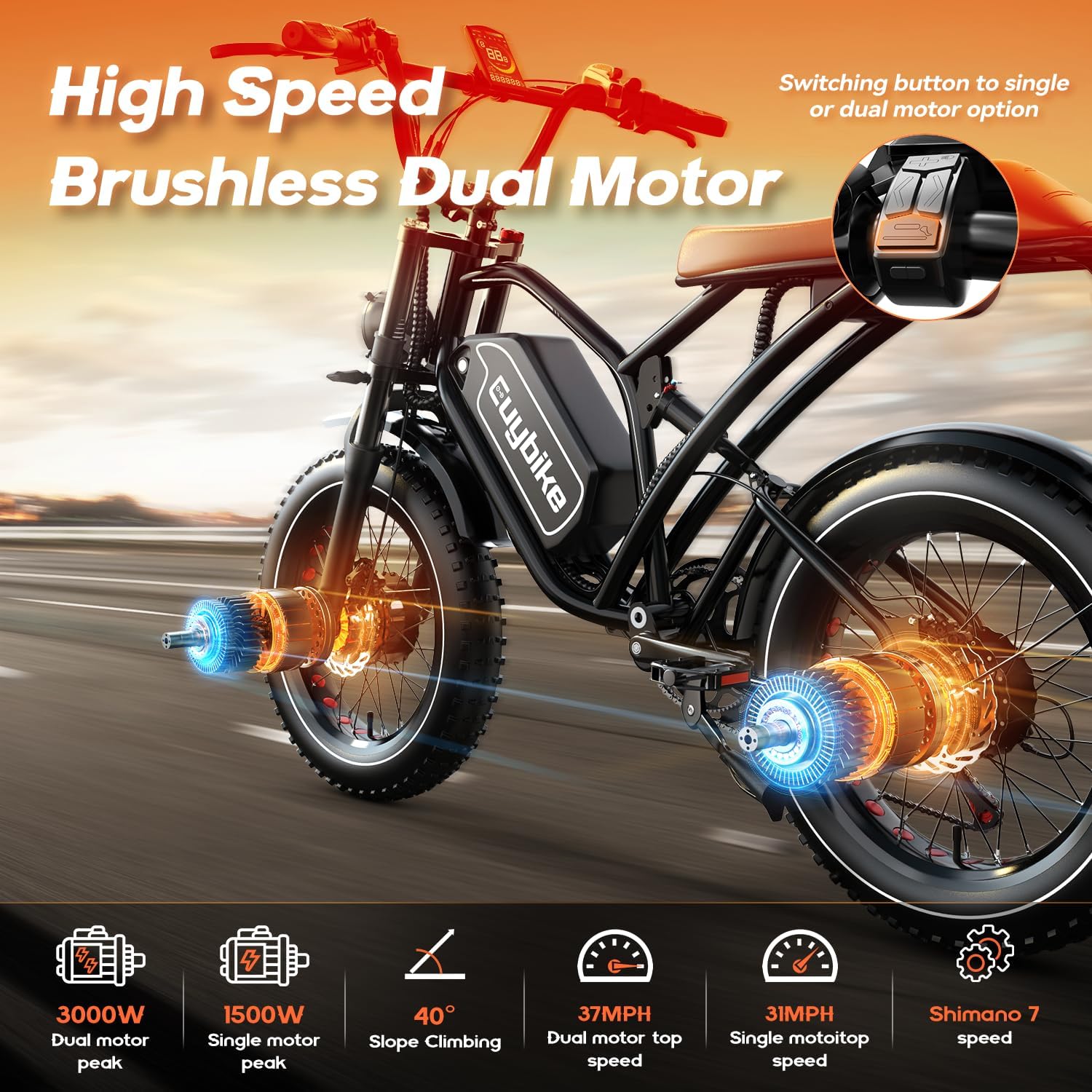 EUYBIKE Electric Bike for Adults, 2000W/3000W Peak Single/Double Motor with 48V/52V 25AH/30AH Battery, 20'x4.0' Fat Tires 35MPH/37MPH Ebike, Dual Hydraulic Disc Brake Full Suspension Electric Bicycle