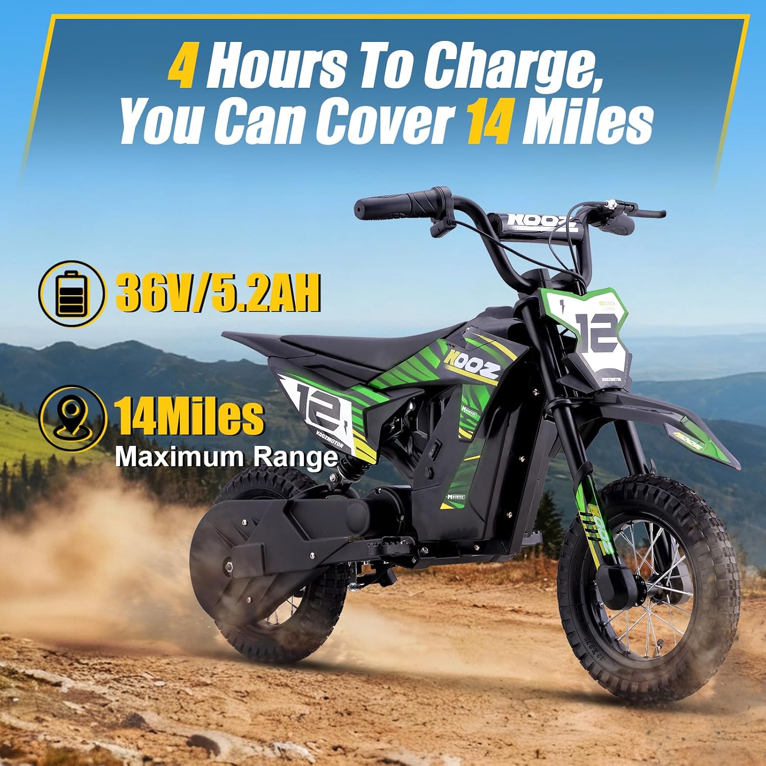 KOOZ 36V 300W Electric Dirt Bike for Kids - 3 Speed Modes Electric Motorcycle Up to 15.5 MPH & 14 Miles Long-Range, Shock Absorber & Rear Brake, 12' Sturdy Tire Gift for Kids