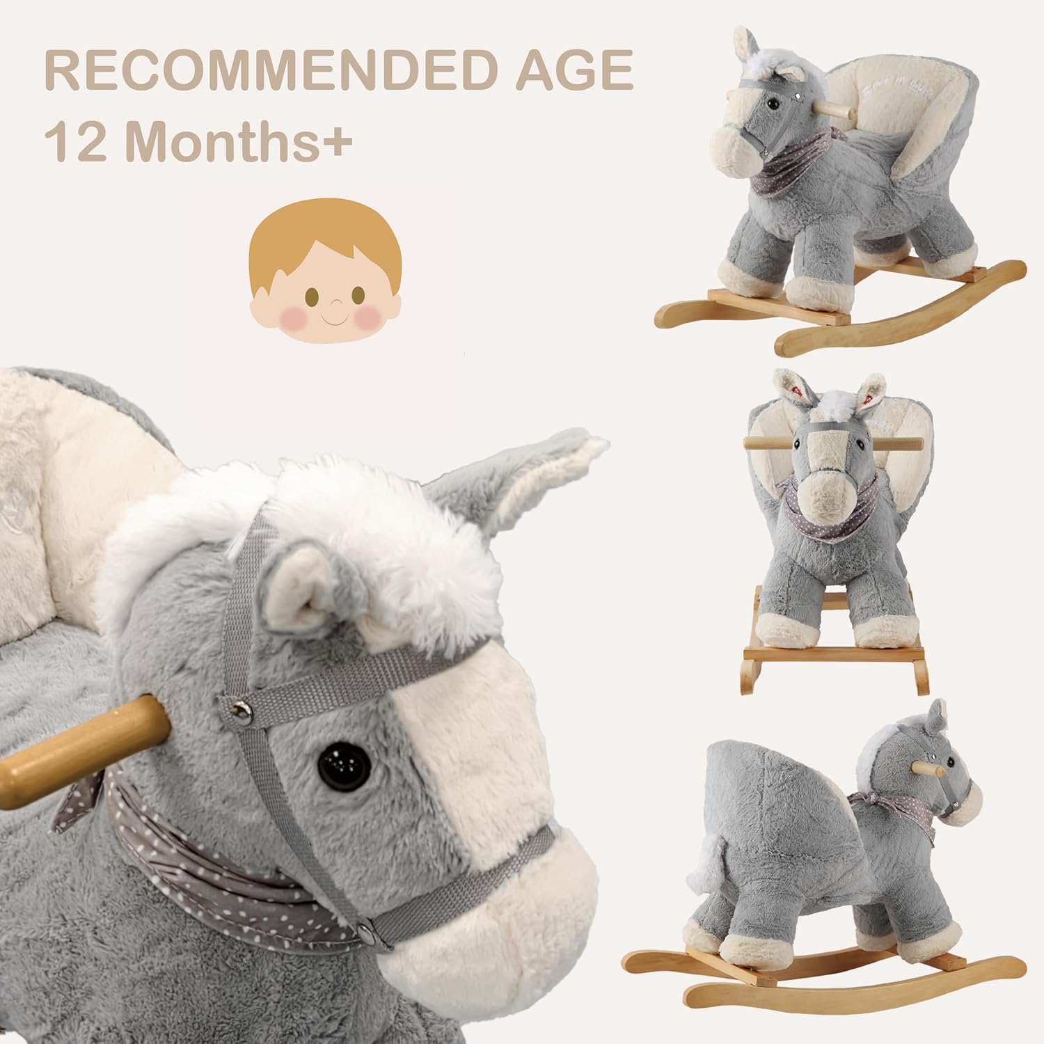 Rock My Baby Rocking Gray Horse with Chair, Plush Stuffed Rocking Pony with Realistic Sound, Baby Rocker Animal for Toddlers 1-3 Ride on,CPC Certified