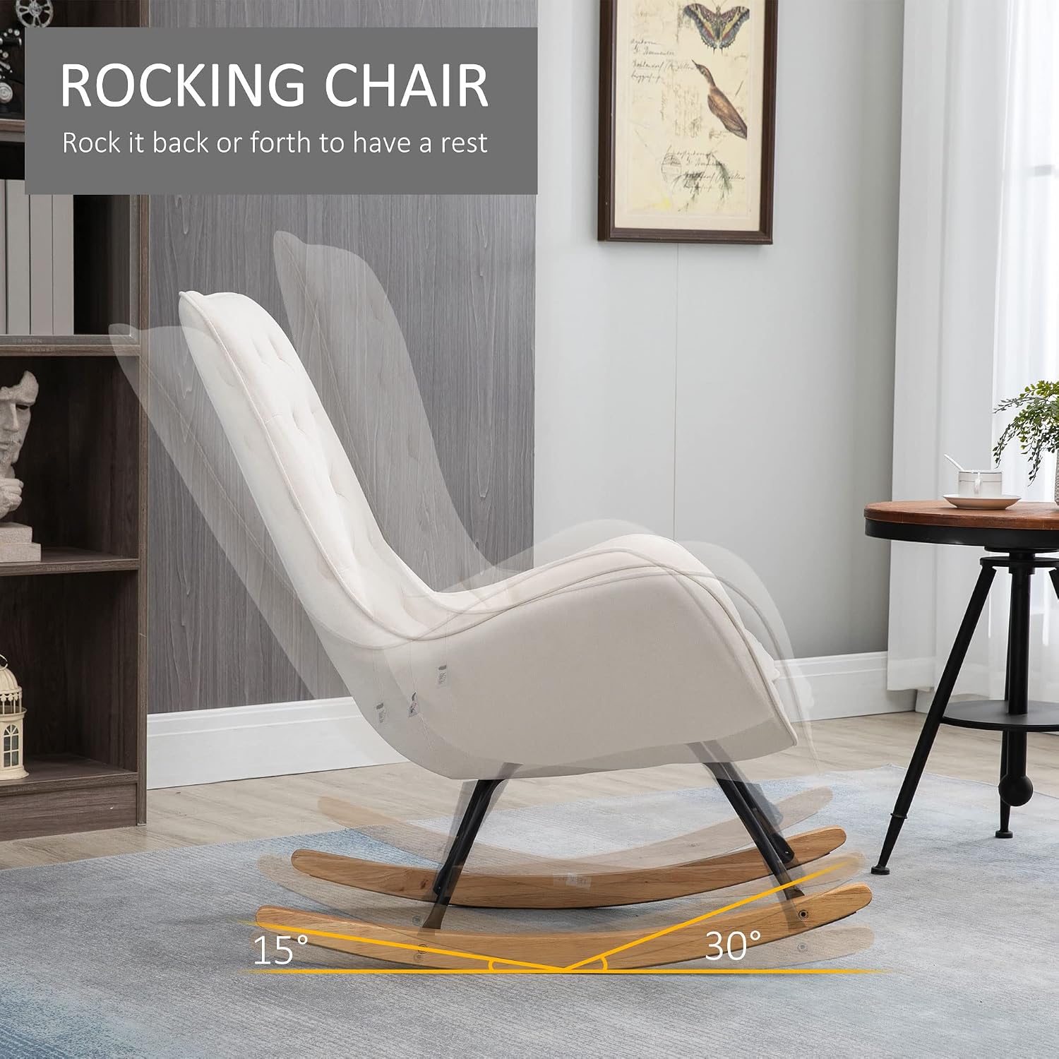 HOMCOM Mid-Century Fabric Rocking Chair Sofa Armchair Tufted Rocker Wingback Accent Chair with Padded Seat, Rubber Wood Base for Home Studio, Bedroom, Living Room, Cream White