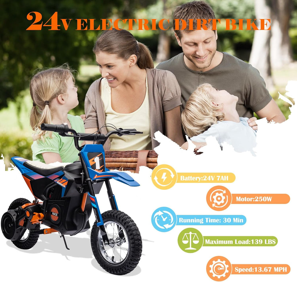 24V Electric Dirt Bike for Kids, 250W Strong Motor 13.6MPH Fast Speed Electric Off-Road Motorcycle, Mini Dirt Bike with Rear Wheel Suspension, Chain-Driven, Leather Seat, Disc Brake, Blue