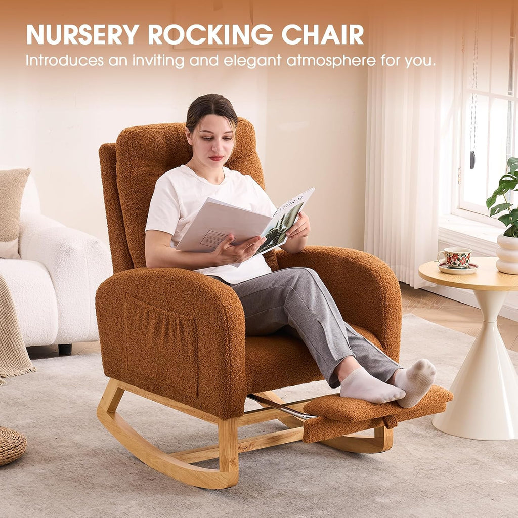 NIOIIKIT Rocking Chair Nursery, Teddy Upholstered Glider Chair with Footstool, Tufted Rocker Recliner Chair with Side Pocket, Comfy Glider Accent Chair for Living Room (Brown Teddy)