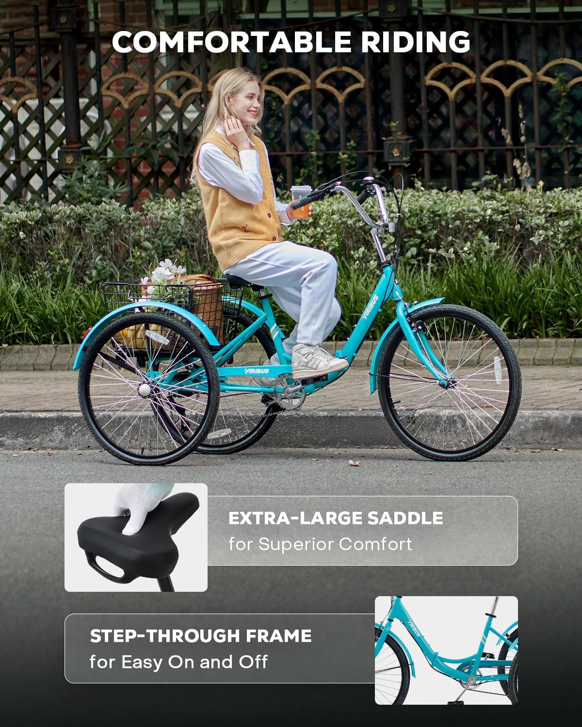 VIRIBUS Folding Tricycle for Adults, 7 Speed Foldable Adult Tricycle with Removable Wheeled Basket, Folding 3 Wheel Bikes for Women Men Seniors 24 26 inch, Collapsible Three Wheeler Trike 330 LB.
