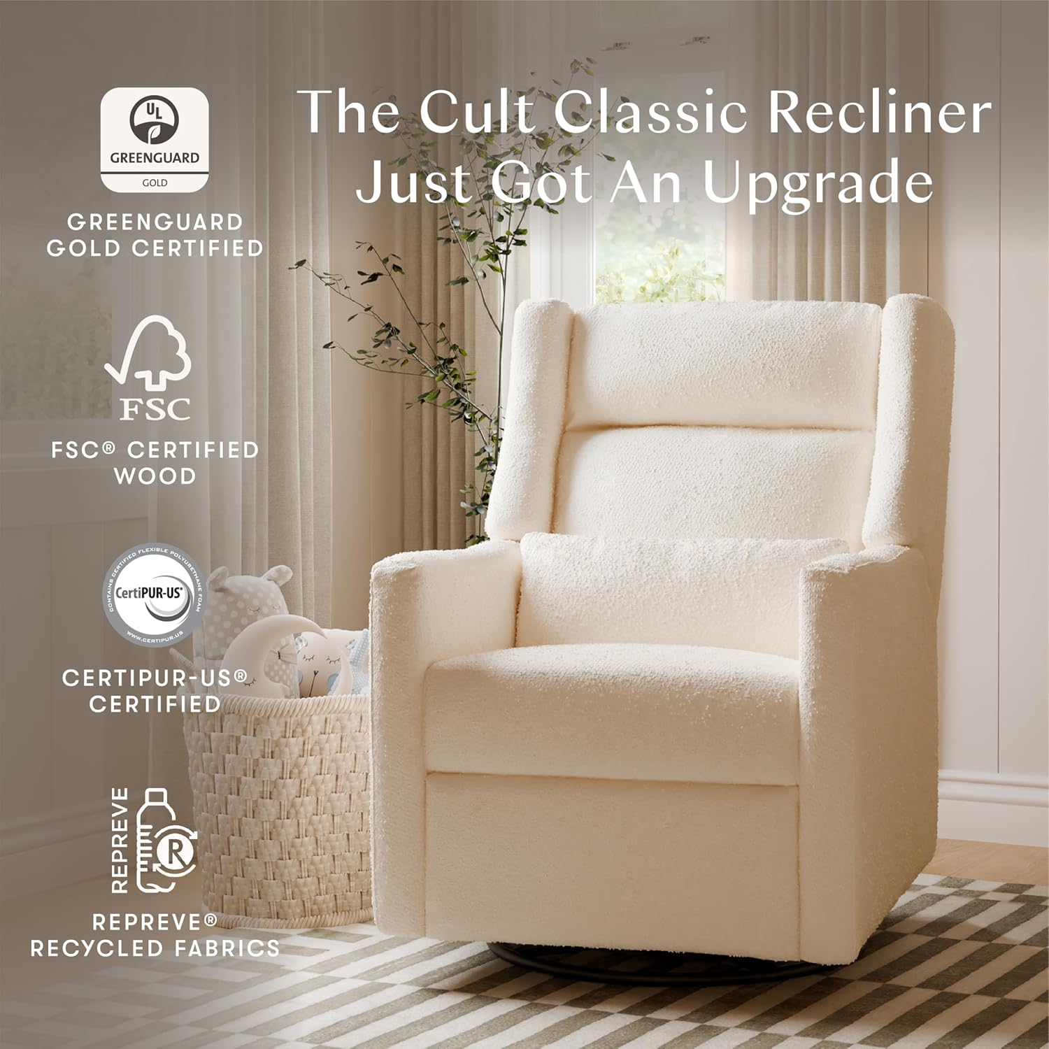 Babyletto Kiwi Plus Power Recliner and Swivel Glider with Power Headrest and USB Port in Performance Ivory Boucle, Water Repellent & Stain Resistant, Greenguard Gold and CertiPUR-US Certified