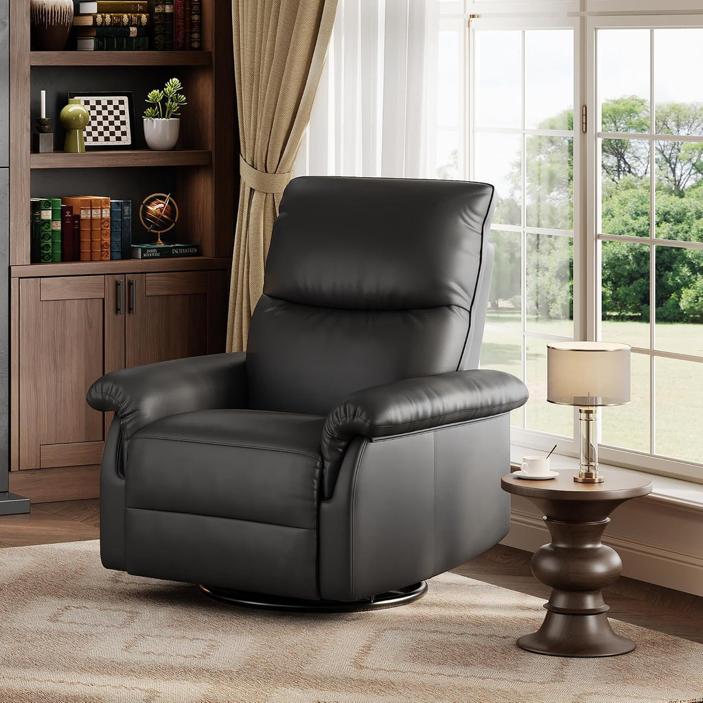 IDEALHOUSE Manual Recliner Chair, 360° Swivel Rocker Glider Recliner with Padded Armrests, Modern PU Leather Upholstered Reclining Chair for Living Room Bedroom and Nursery (Dark Black)