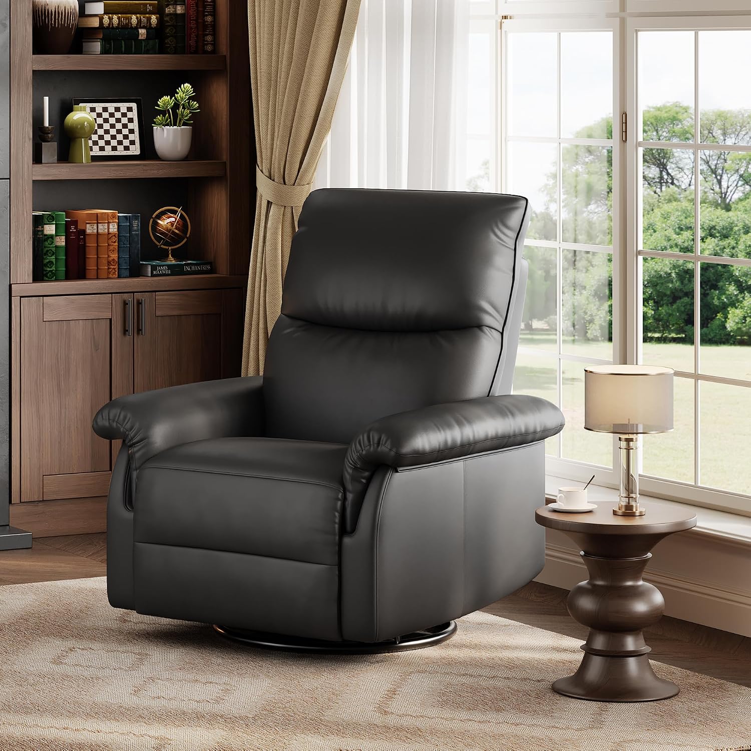 IDEALHOUSE Manual Recliner Chair, 360° Swivel Rocker Glider Recliner with Padded Armrests, Modern PU Leather Upholstered Reclining Chair for Living Room Bedroom and Nursery (Dark Black)