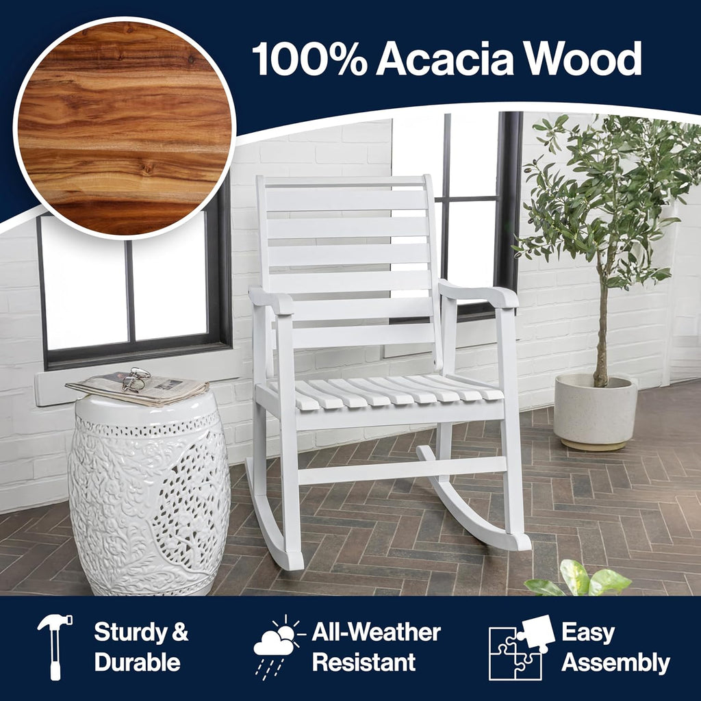JONATHAN Y RCK101C Carey Modern Slat-Back 300-Lbs Support Acacia Wood Patio Outdoor Rocking Chair for Garden, Lawn, Backyard, Pool, Deck, Beach, Firepit, White