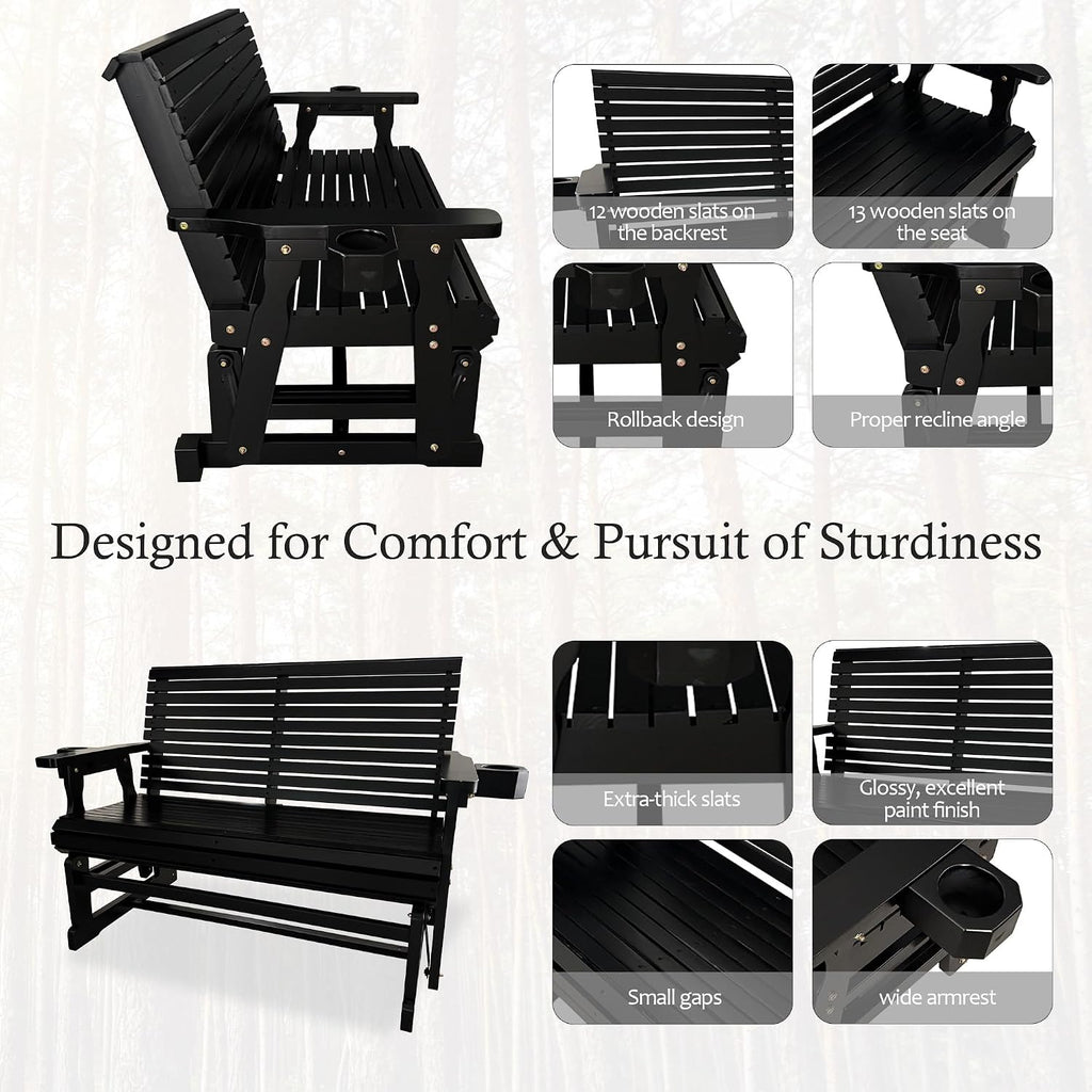 Fortune Candy Patio Glider with Cup Holders, High Roll Back and Deep Contoured Seat, Heavy Duty 800 Lb (Black, 2-Seater)