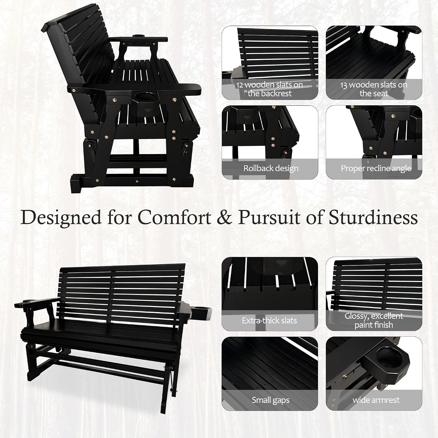 Fortune Candy Patio Glider with Cup Holders, High Roll Back and Deep Contoured Seat, Heavy Duty 800 Lb (Black, 2-Seater)