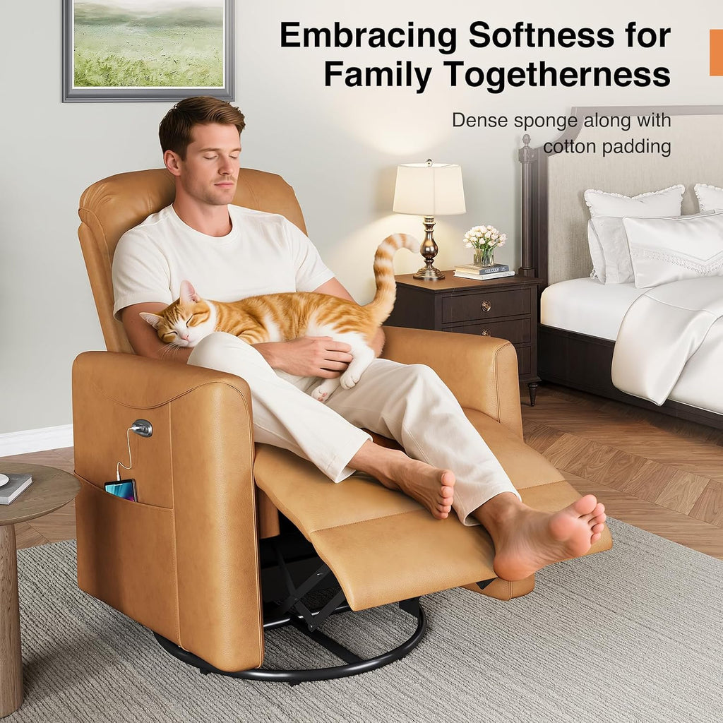 Welzona Power Swivel Rocker Recliner, 360° Swivel Nursery Rocking Chair, PU Leather Glider Rocking Recliner, Infinite Position Electric Chair for Adults with USB Port for Living Room, Amber Yellow