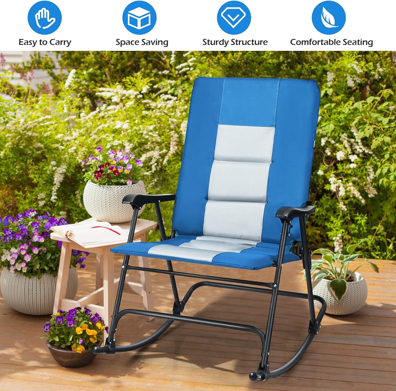Giantex Set of 2 Camping Rocking Chairs Foldable Oversized, Padded Armrest and Seat, Portable Folding Lawn Chairs 350 lbs Weight Capacity Outdoor Use for Patio, Lawn, Backyard, Garden (Blue)