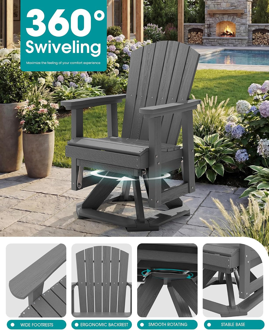 SERWALL Adirondack Swivel Glider Chair, HDPE Glider Set of 4 for Outdoor, All-Weather Glider Chair for Porch, Balcony, Slate Grey