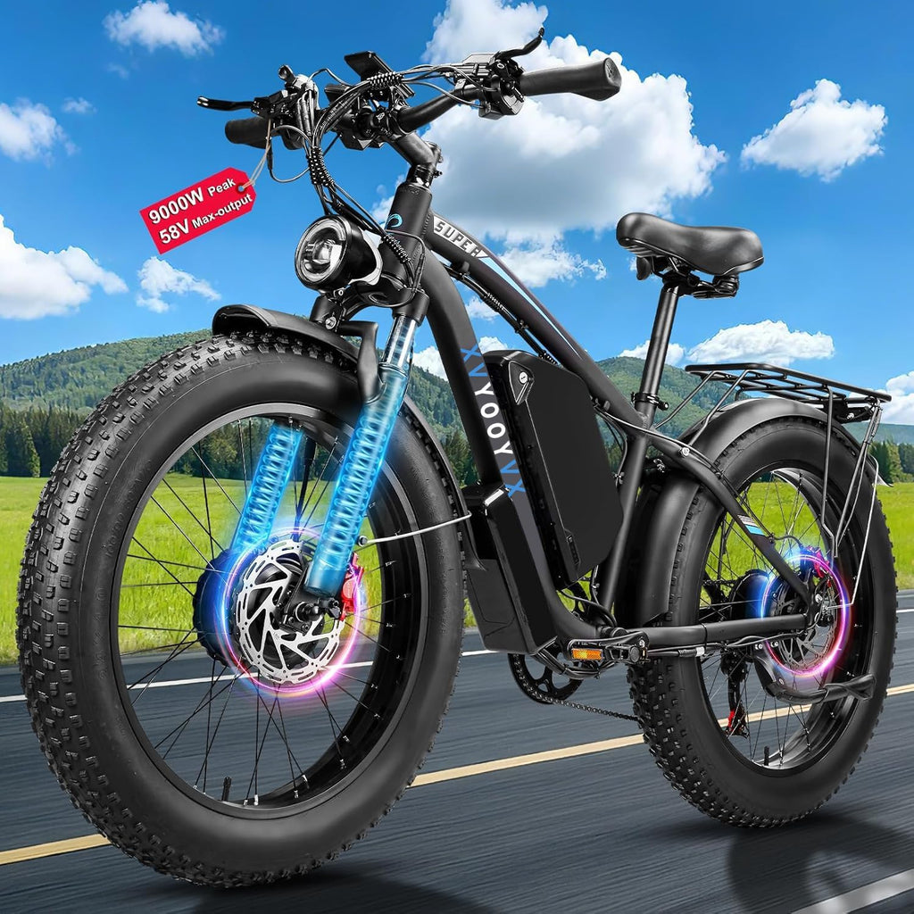9000W Peak Electric Bike for Adults, 58V Max-Output 1972Wh Dual Motor E-bike, 47MPH Top Speed Fast E-Bike, Up to 105 Miles Long Range,24' x4.0 Fat Tire, Electric Mountain Bicycle for Sand Beach Snow