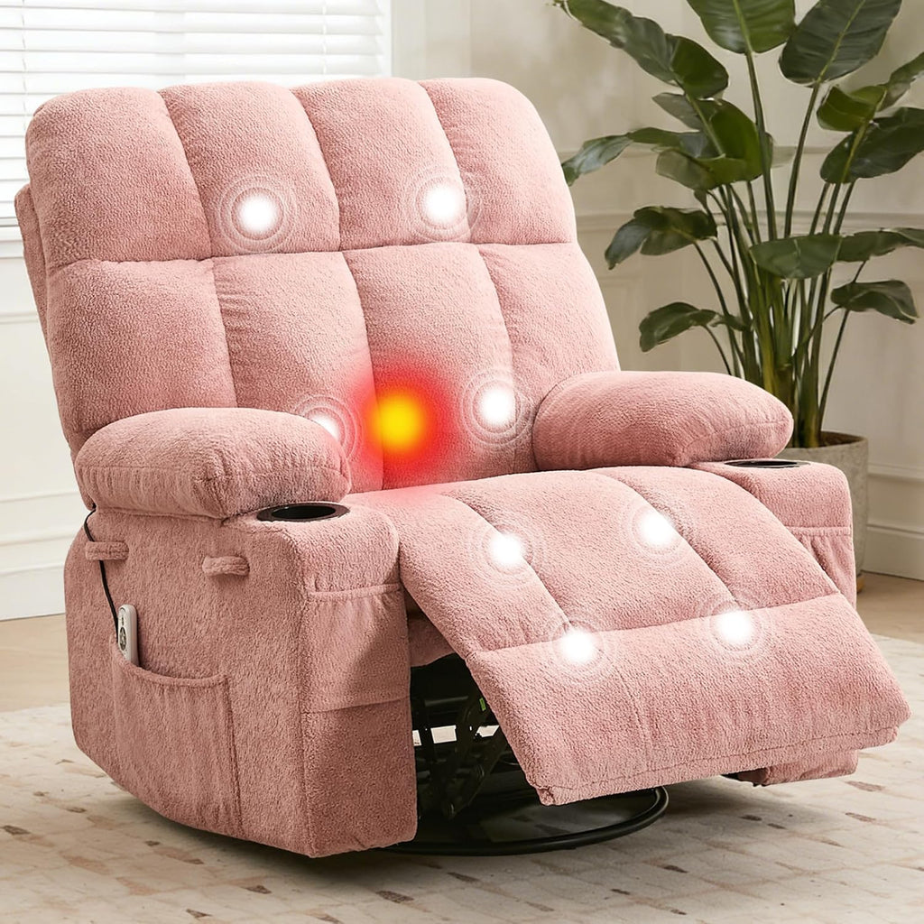 IDEALHOUSE Rocking Recliner Chair with Heat, 38.5' Oversized Swivel Rocker Recliner with Massage, Side Pockets & Cup Holders, Reclining Sofa for Living Room, Bedroom (Pink, Linen)