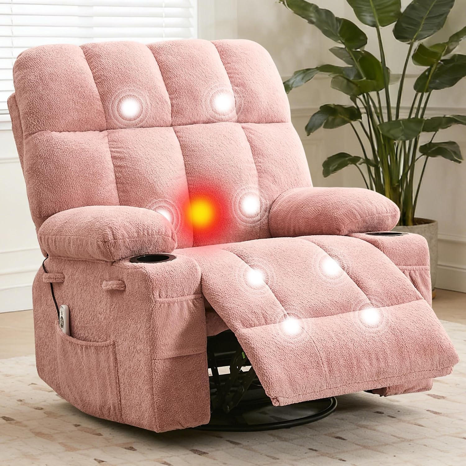 IDEALHOUSE Rocking Recliner Chair with Heat, 38.5' Oversized Swivel Rocker Recliner with Massage, Side Pockets & Cup Holders, Reclining Sofa for Living Room, Bedroom (Pink, Linen)