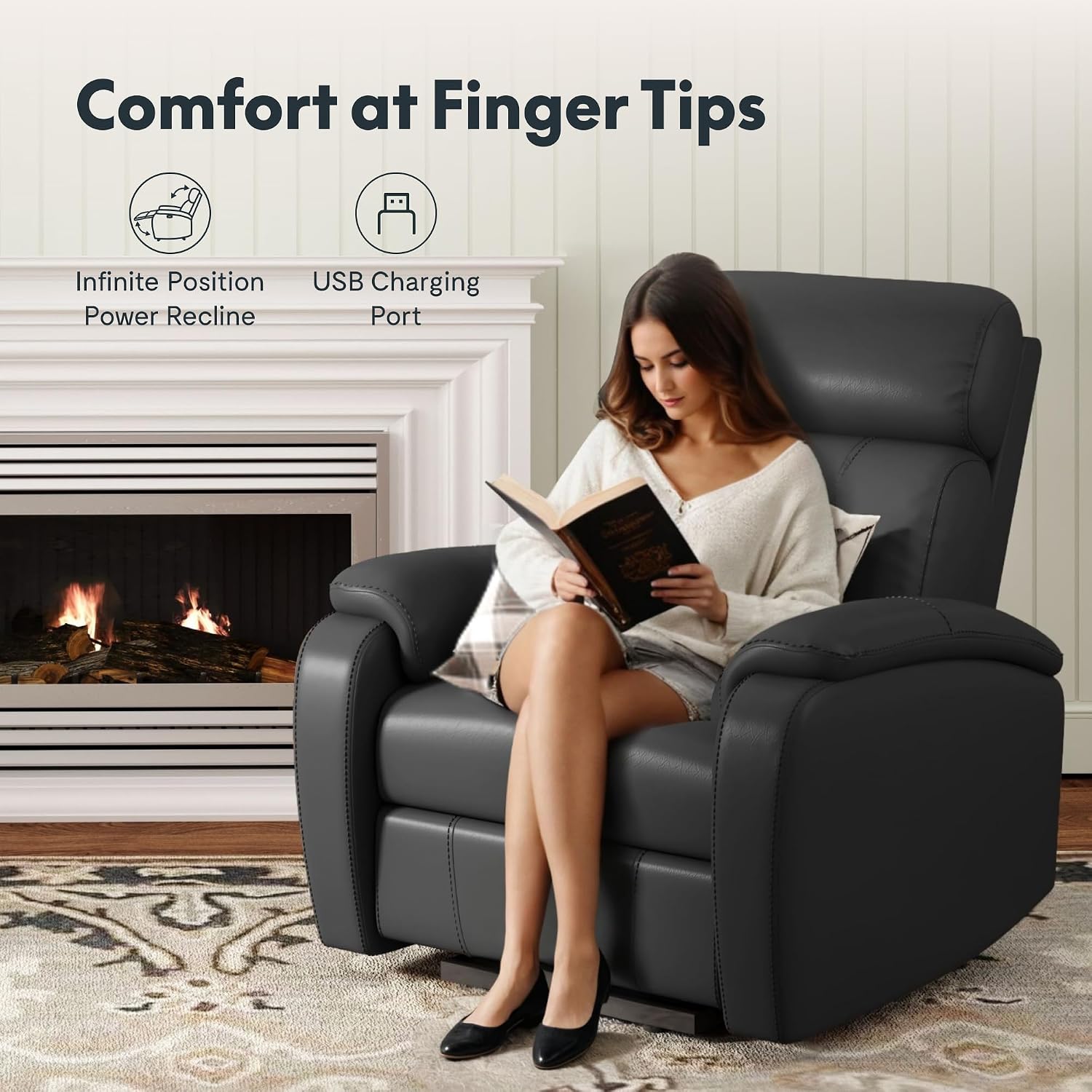 FLEXISPOT X3 Power Recliner Chair, Adjustable Electric Recliner with USB Port, Thick Cushion & Padded Back, Comfortable Faux Leather Chair for Living Room Bedroom Home Theater (Black)