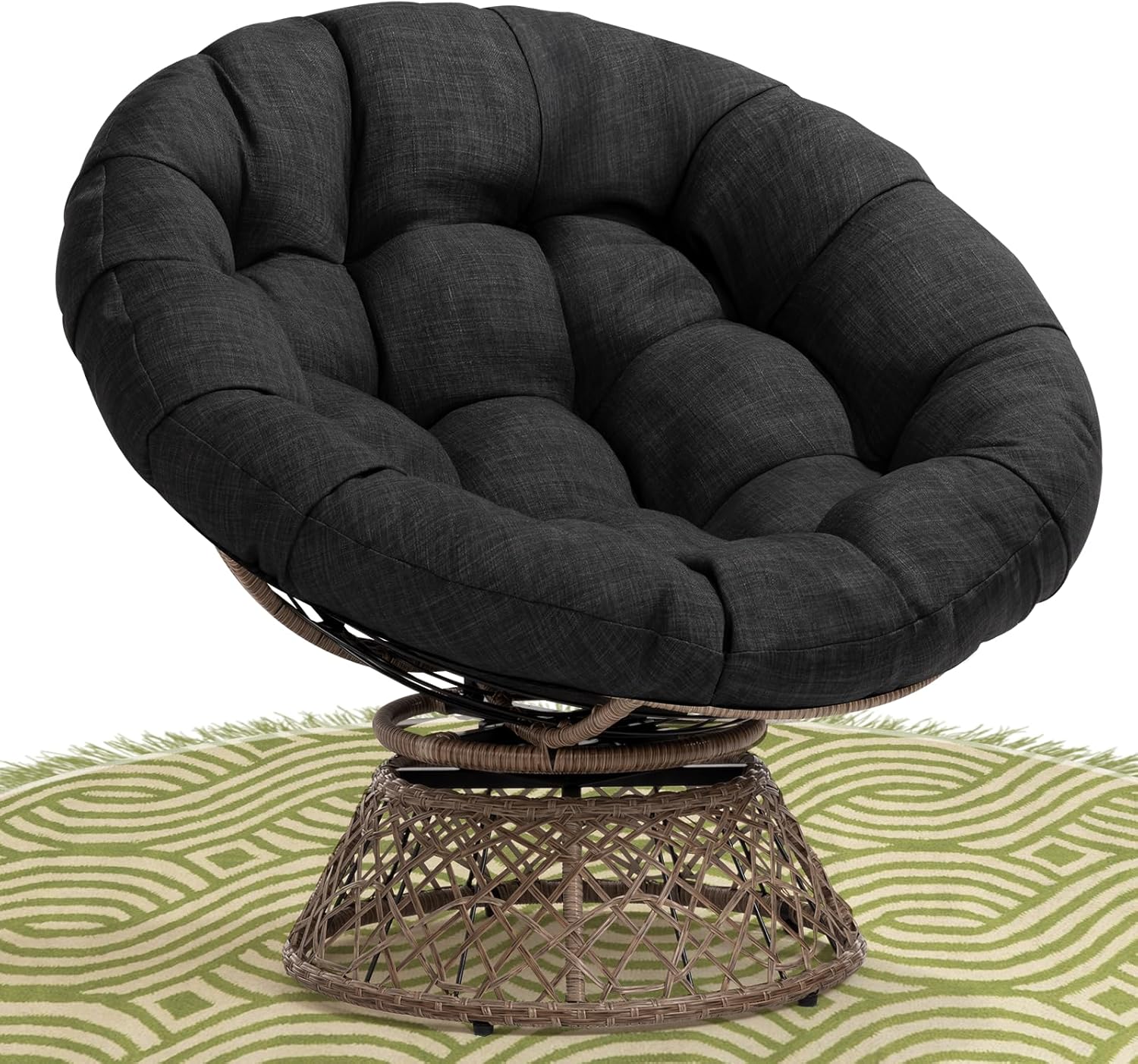 Bme 40' Ergonomic Wicker Papasan Chair with Soft Thick Density Fabric Cushion, High Capacity Steel Frame, 360 Degree Swivel for Living, Bedroom, Reading Room, Lounge, Onyx Stone - Brown Base