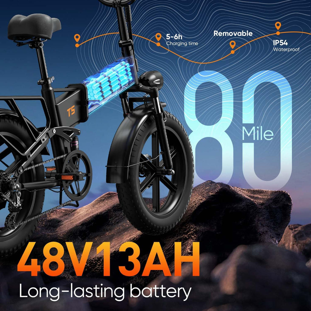 URLIFE Folding Electric Bike for Adults, 48V Motor, 60-80 Miles per Charge, 20'x4' Fat Tires with Quad-Link Full Suspension, 7-Speed & LED Display