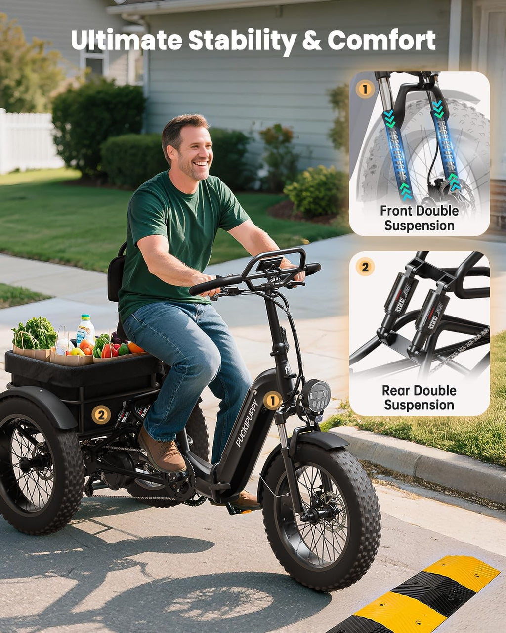 PUCKIPUPPY Electric Tricycle for Adults, Full Suspension & Reverse Gear 960W Peak Electric Trike Max 55 Miles