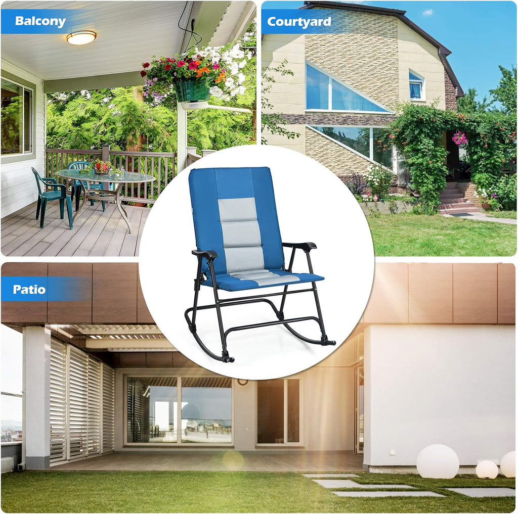 Giantex Set of 2 Camping Rocking Chairs Foldable Oversized, Padded Armrest and Seat, Portable Folding Lawn Chairs 350 lbs Weight Capacity Outdoor Use for Patio, Lawn, Backyard, Garden (Blue)