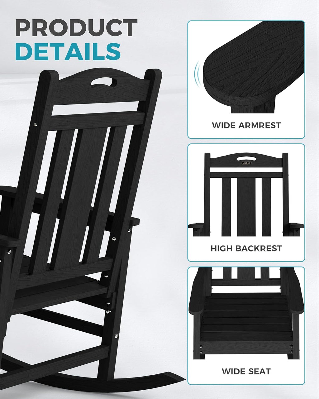 Ciokea Oversized Outdoor Rocking Chairs Set of 3, 380lbs Heavy-Duty Large Patio Rocker, High Back Cozy Porch Chairs, Weather Resistant Patio Rocking Chairs for Outside, Fire Pit, Deck, Black