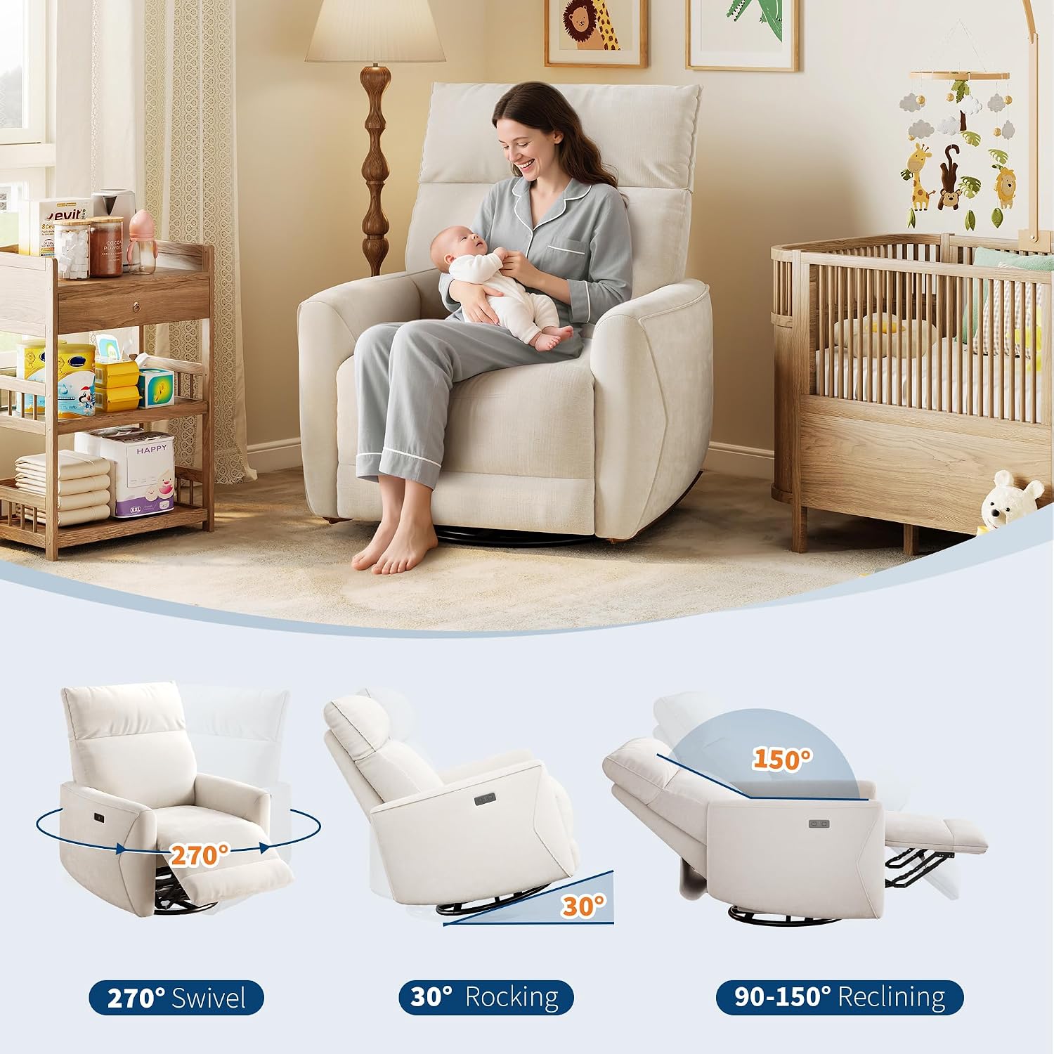 IDEALHOUSE Swivel Rocking Nursery Recliner Chair Rocker Recliner Glider Deep Seat PU Leather Sofa Chair with high Backrest for Nursery, Living Room, Bedroom & Home Movie Theater (Cream)