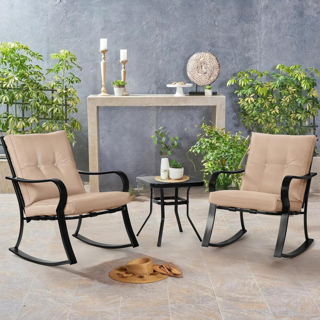 SOLAURA 3-Piece Outdoor Rocking Chairs Bistro Set, Black Iron Patio Furniture with Brown Thickened Cushion & Glass-Top Coffee Table