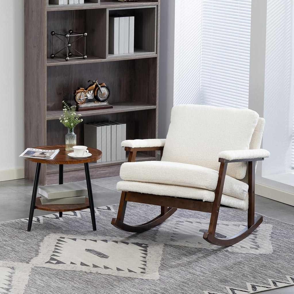 Nursery Rocking Chair Velvet Upholstered Accent Rocker Chair with Backrest Comfy Soft Rocker Glider Solid Rubber Wood Leg for Bedroom Living Room Nursing Room, Antique White