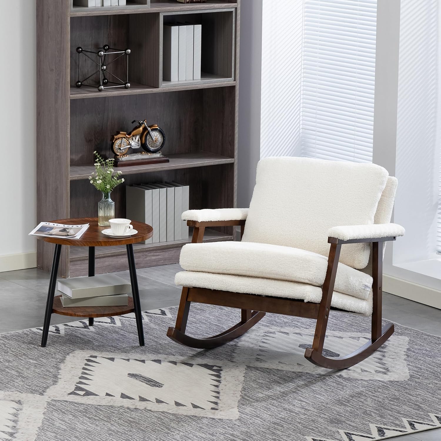 Nursery Rocking Chair Velvet Upholstered Accent Rocker Chair with Backrest Comfy Soft Rocker Glider Solid Rubber Wood Leg for Bedroom Living Room Nursing Room, Antique White