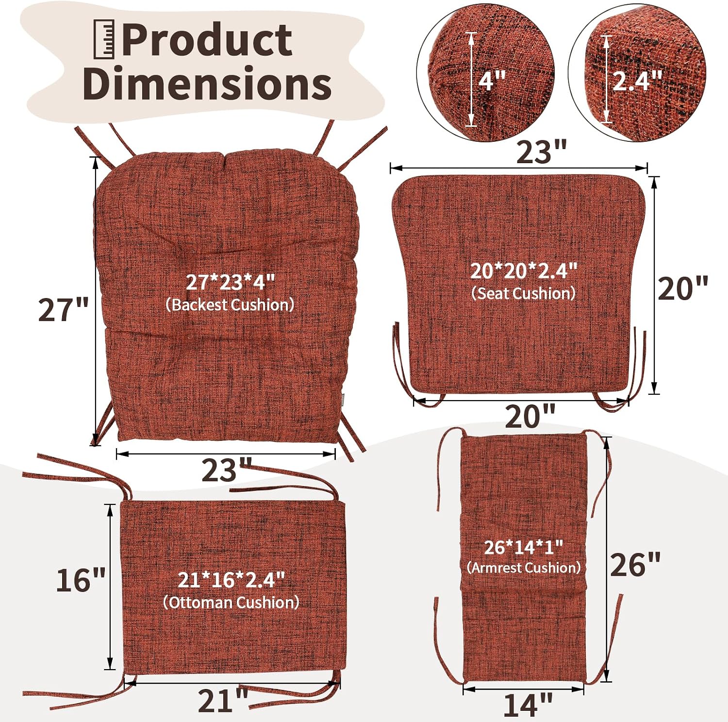 SINOSSO Glider Rocker Cushion Set (5 Pcs), Soft Blended Fabric High-Density Support Foam Seat Cushions with Ties, Fits Rocking Chair/Nursery Glider & Ottoman, Red