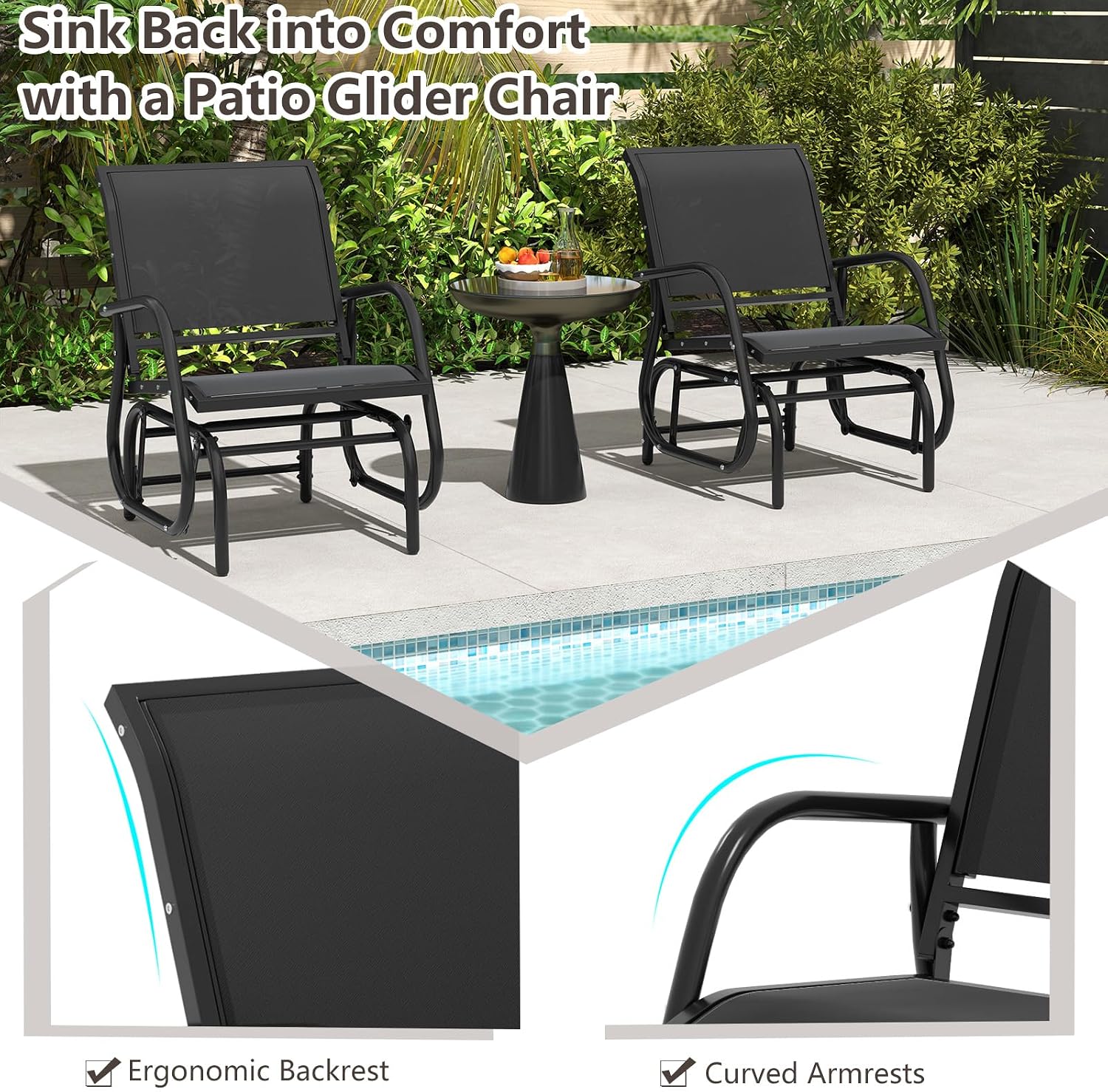 Tangkula Swing Glider Chair, Ergonomic Rocking Chair with Comfortable Fabric, Iron Frame, 4 Non-Slip Foot Pads, Outdoor Patio Glider Rocker Chair for Living Room, Garden, Backyard (2, Black)