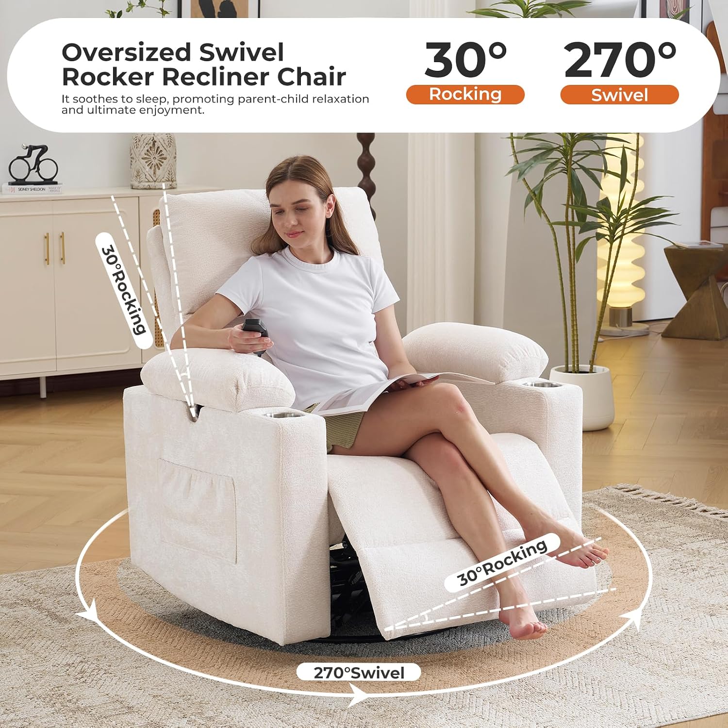 Rocking Chair Nursery with Adjustable Armrests, Electric Glider Recliner Nursing Chair for Breastfeeding, Power Swivel Recliner Chairs with Massage and Heat, Adjustable Headrest , FSC Certified, White