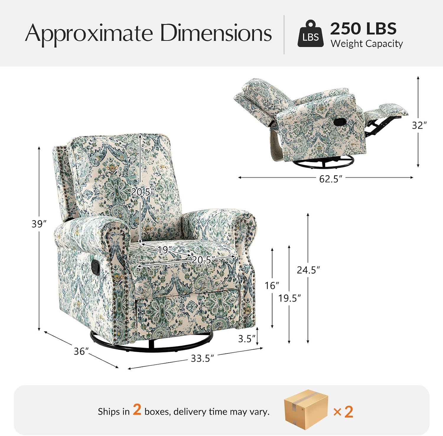 HULALA Home Rocker Recliner Set of 2, Modern Printed Fabric Swivel Glider with Adjustable Backrest & Footrest, Blue