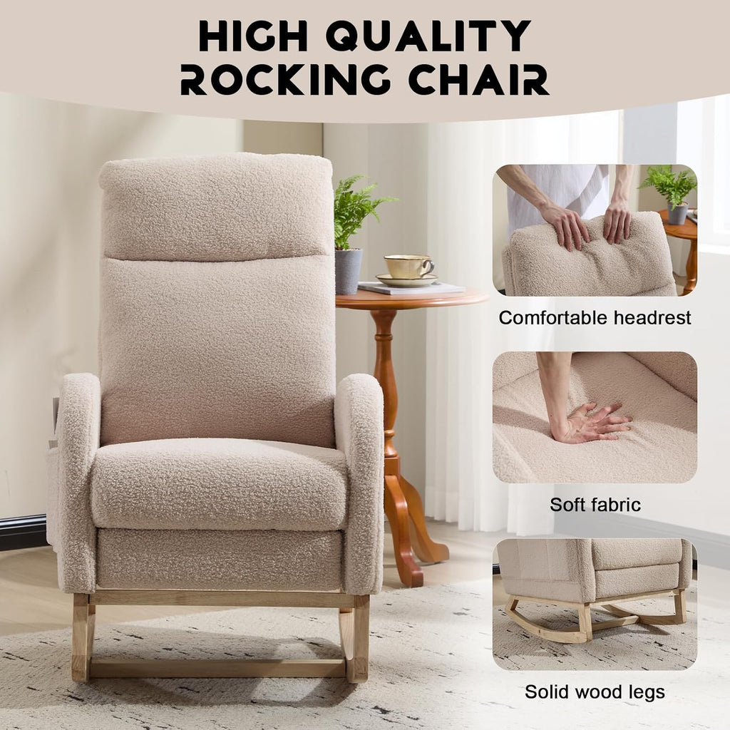 Rocking Chair Nursery with Foot Rest, Sherpa Nursing Rocking for Mom Nursery Rocker Chair with High Backrest, Armchair Rocker Glider with Side Pocket for Living Room, Bedroom, Teddy Begie