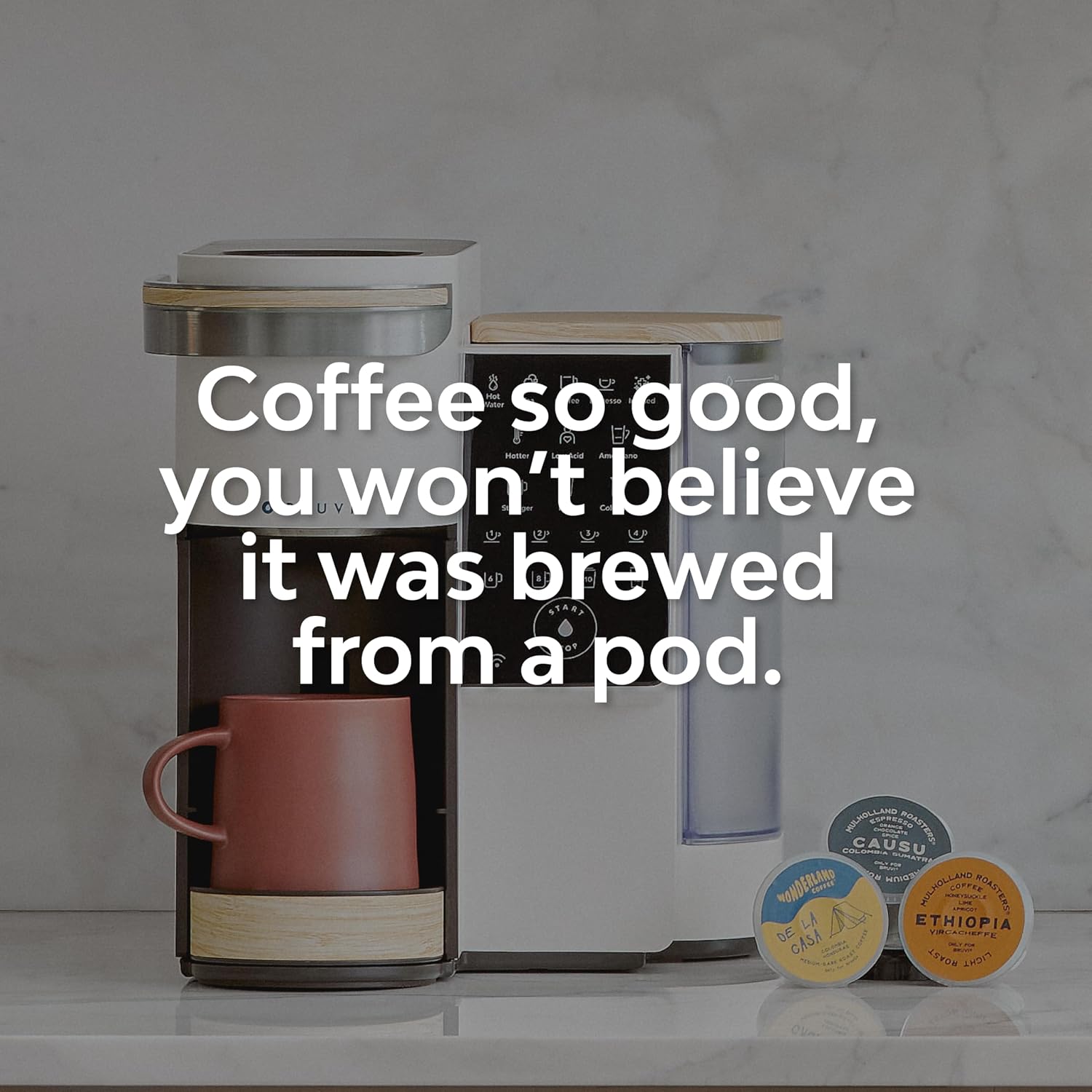BRUVI Single-Serve Coffee Maker Bundle | Brews Coffee, Espresso, Cold Brew, Matcha Green Tea & More | Includes Brewer + 20 Variety Pods | Touchscreen, WiFi, 70 oz Tank | Cream