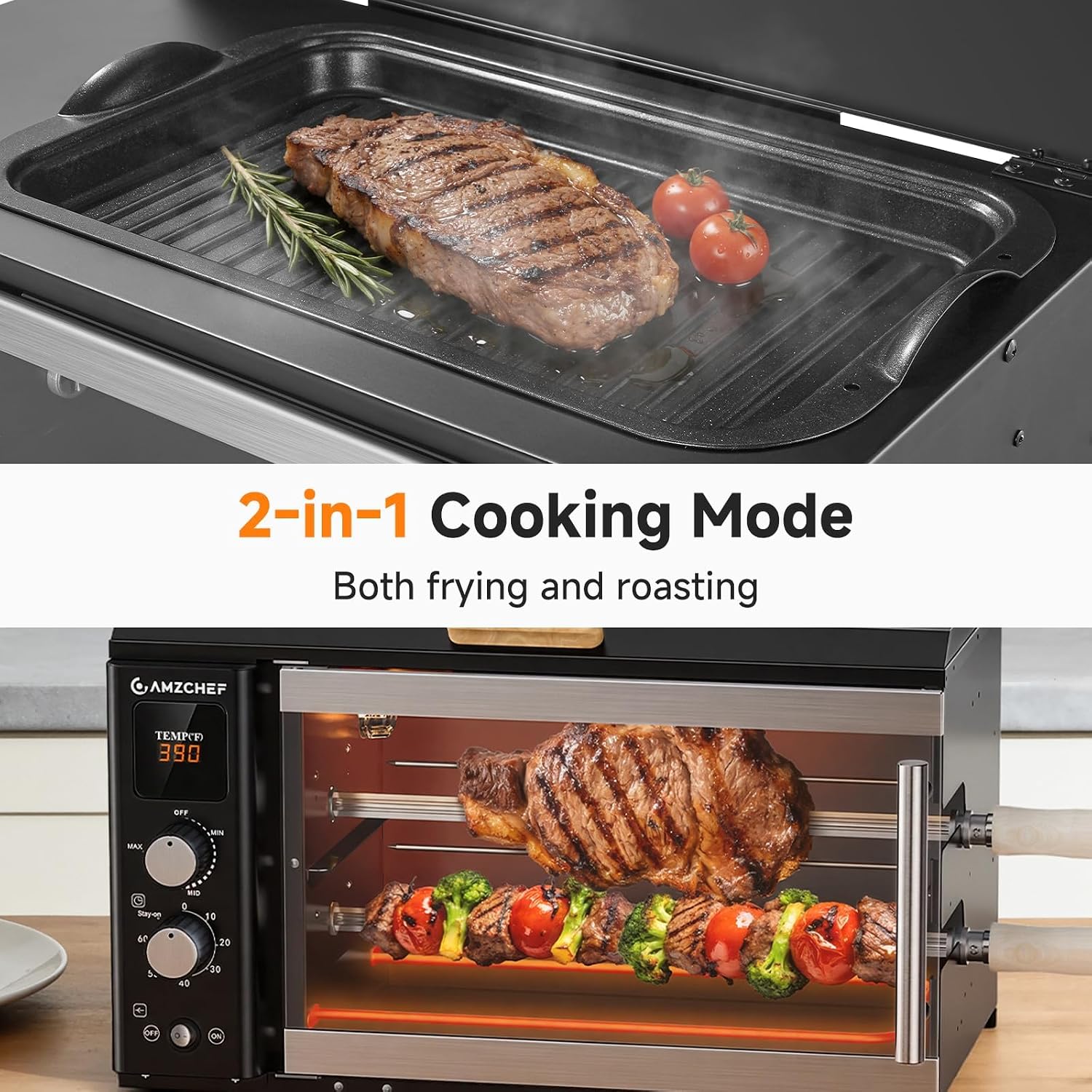 AMZCHEF Electric Rotisserie Grill with 2-in-1 Cooking Mode,34QT Rotisserie Oven with 360° Auto-Rotating Heating, Dual Skewers, Grilling Rack, Countertop Grill for Home, Restaurant, Kitchen Parties