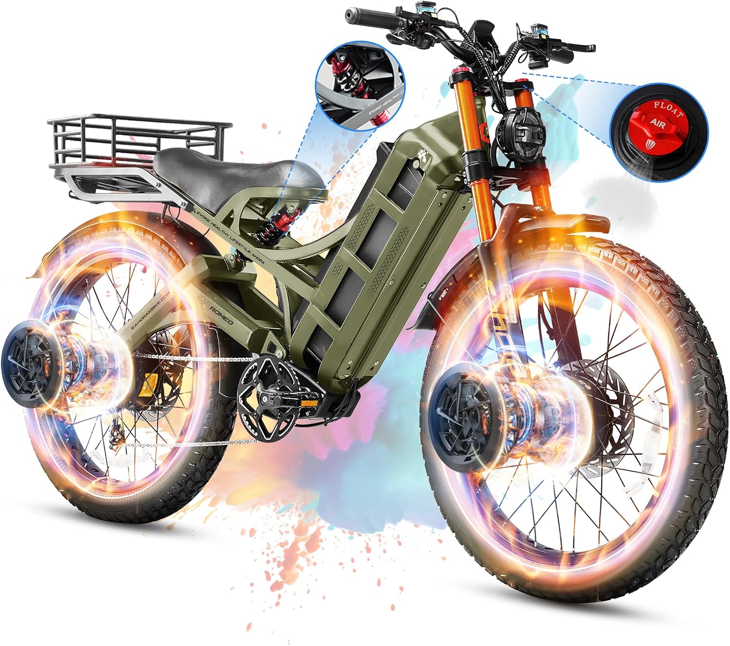 eAhora 2026 Romeo Pro 3/2 50-46Mph Electric Bike for Adults 5600W/4000W/2500W Dual Motor Ebike 60V/80Ah 52V/70Ah Long Range Fat Tire Full Suspension Electric Mountain Bicycle